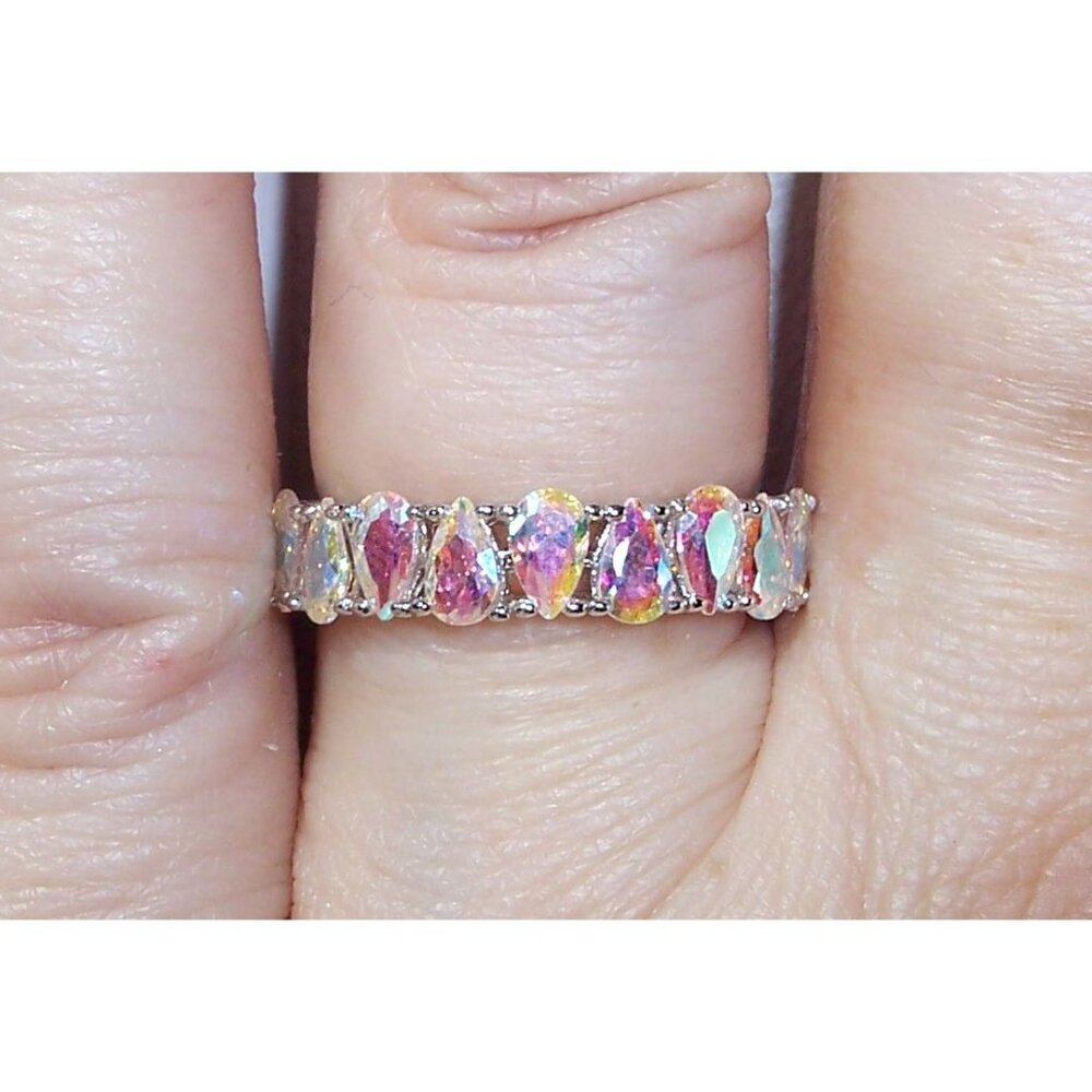 925 STERLING SILVER Aurora Borealis Cubic Zirconia Band Ring - Picture 6 of 16